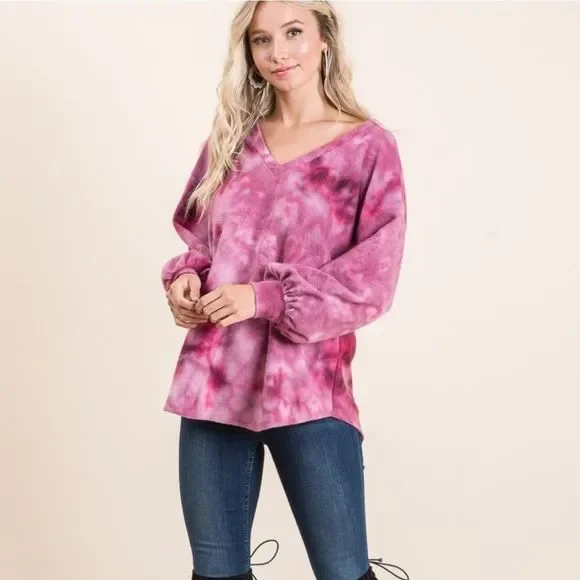 Soft Magenta V-Neck Tie Dye Top - Picture 5 of 5